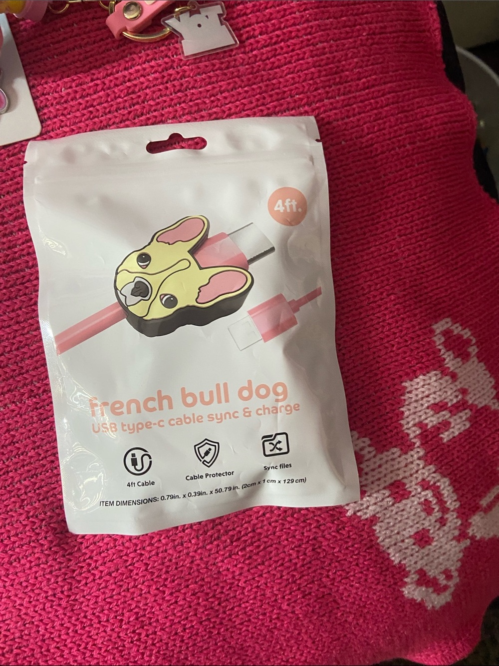 Pink French Bulldog USB Type-C Cable with Cable Protector
